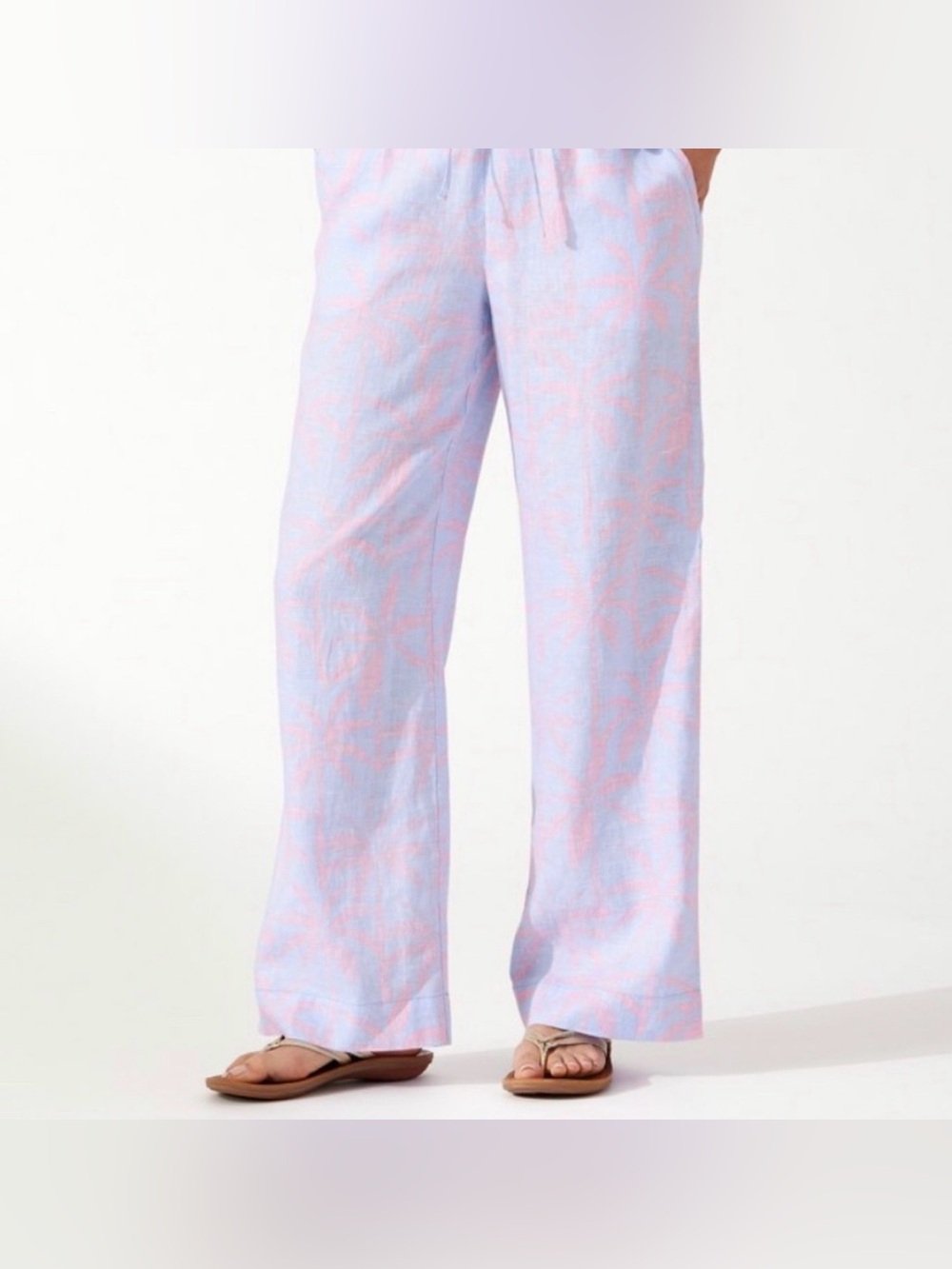 Tommy Bahama Women’s Linen Pants Blue/Pink Palm Print XXS Wide Leg Drawstring